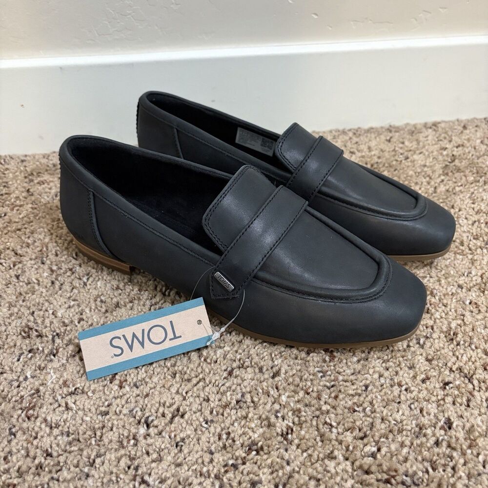 TOMS Women’s Lynette Leather Slip On Loafers Black Size 8 New with Tags